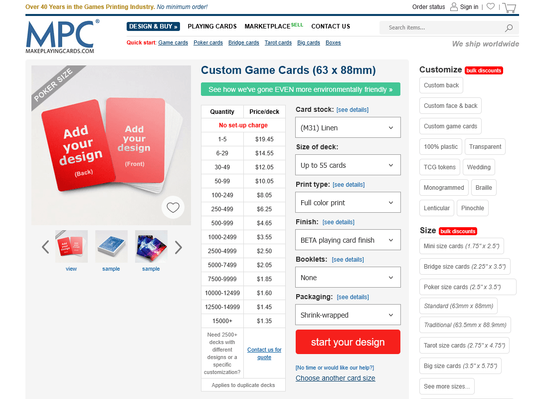 MPC product page showing the deck size selector and price table