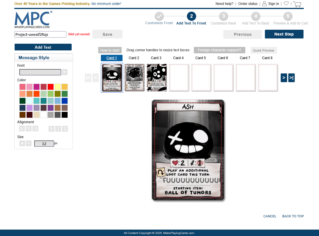 MPC Add Text To Front step, click Next Step to skip