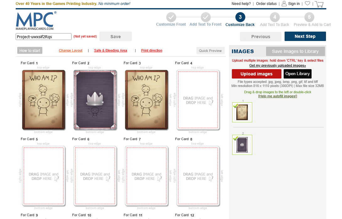 MPC card back editor with back images being assigned to slots