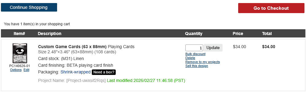 MPC shopping cart showing the completed card order ready for checkout